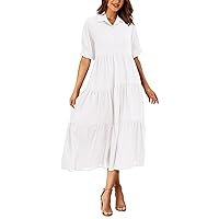 PRETTYGARDEN Women Summer Dress Short Sleeve Button Up Ruffle A Line Maxi Dresses