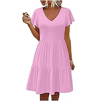 Women's Knee Length Ruffle Dress Flutter Sleeve V Neck Sundress Elegant Beach Dresses A-Line Swing Summer Dress