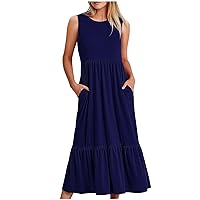Prime Two Day Deals Women Summer Dresses with Pocket, Casual Long Dress Solid Sleeveless Ruffle Hem Maxi Dresses Crewneck Tshirt Dress T Shirt Femme Dark Blue