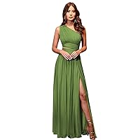 Long Split Bridesmaid Dresses Olive Green Plus Size One Shoulder Pleated Chiffon Formal Dress with Pockets Size 20W