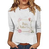 Mother's Day Womens Plus Size Summer Tops 3/4 Sleeve Round Neck Blouses Casual Trendy Graphic Tees Cooling Printed Shirts