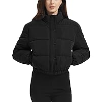 Flygo Women's Cropped Puffer Jacket - Full Zip Padding Warm Quilted Jackets Winter Coats(Black-XL)