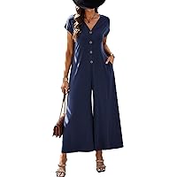 ECOWISH Women Long Pants Jumpsuit: Casual Short Sleeve V Neck Wide Leg Rompers Summer Loose Button Down Onesie with Pockets