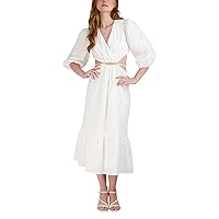 BCBGeneration Women's Fit and Flare Midi Dress 3/4 Sleeve Surplice Neck Cut Out Waist Tie Detail