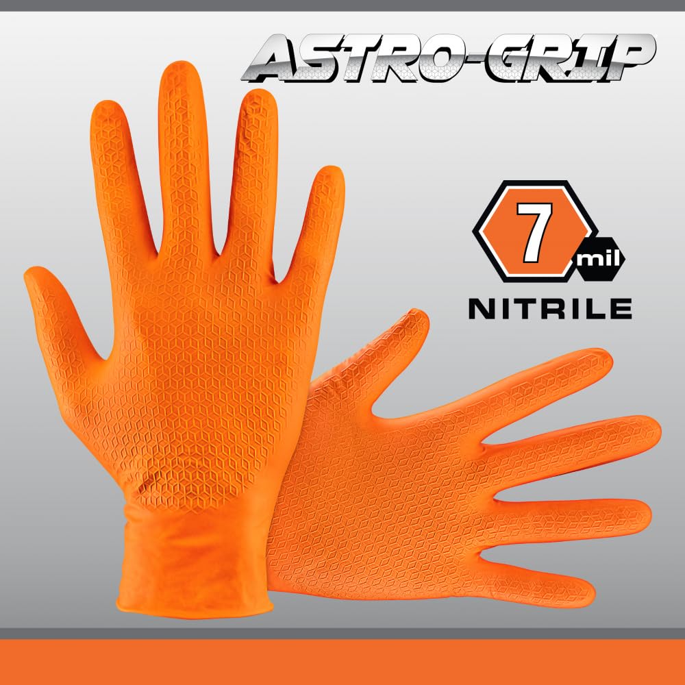 Astro-Grip Powder-Free Exam Grade Nitrile Disposable Gloves. Size X-Large, Orange, 7 mil Thickness. Chemical and Puncture Resistant. Single-Use. Pack of 100. (66474)