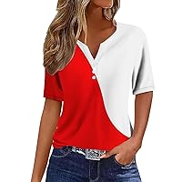 Womens Summer Tunic Tops 2024 Short Sleeve T-Shirts Loose Comfy V Neck Tee Tops Lightweight Color Block Cute Blouses