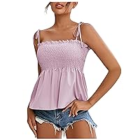 Lightning Deals Of Today Prime Basic Spaghetti Strap Tank Tops Women Sexy Casual Camisole Smocked Ruffle Hem Cami Shirt Summer Going Out Top Blouses Black T Shirts