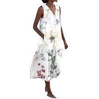 Women's Summer Maxi Dress Solid Sleeveless V Neck Button Down with Pockets Swing Flowy Sundress Print Casual Dresses