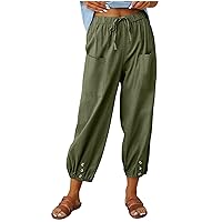 Womens Capri Pants Casual Tapered Harem Pants Baggy Linen Cropped Pants Cinch Bottom Drawstring Pants with Pockets Slacks