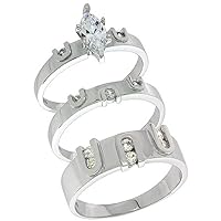 Sterling Silver Cubic Zirconia Trio Engagement Wedding Ring Set for Him and Her, Men's Band 9/32 inch Wide, L 5-10 & M 8-14