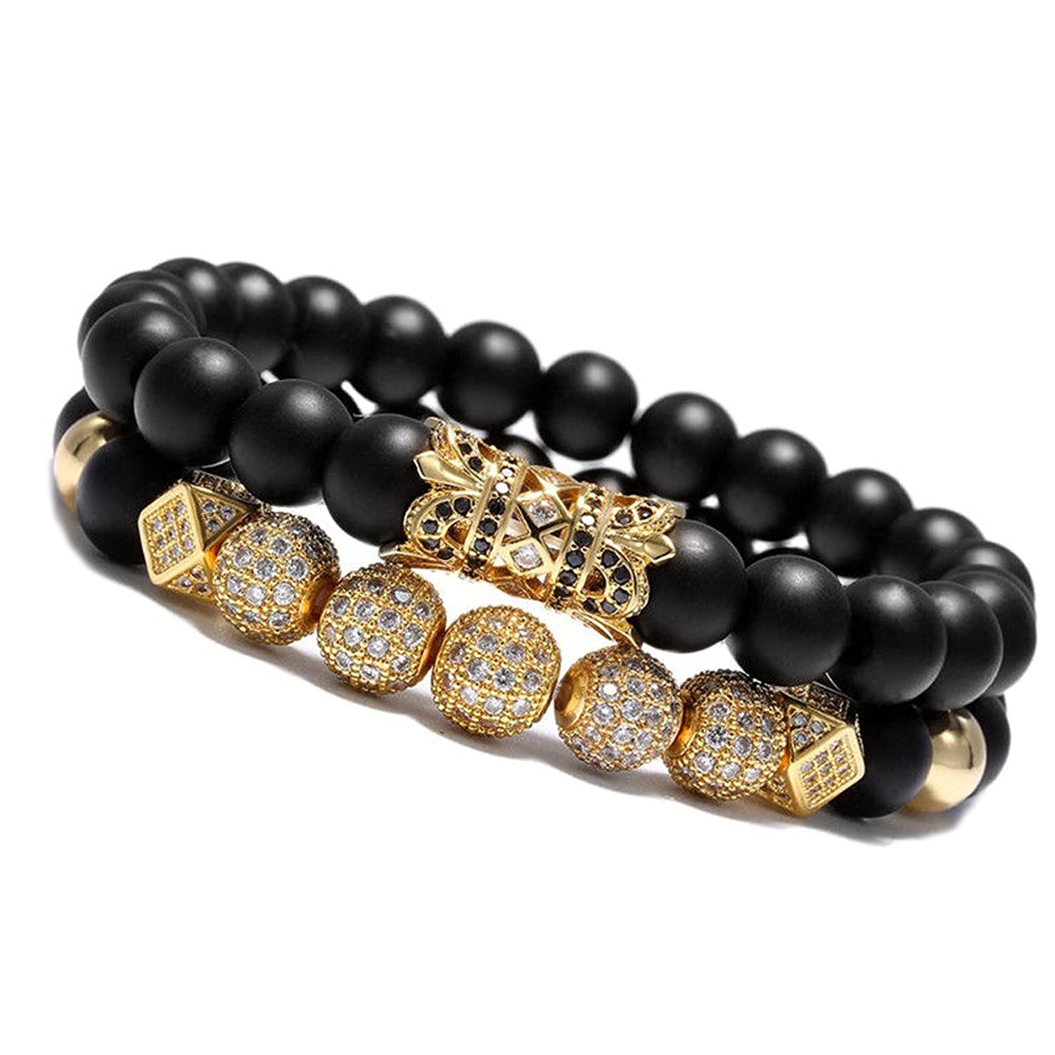 WFYOU 8mm Charm Beads Bracelet for Men Women Black Matte Onyx Natural Stone Beads, 7.5