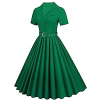 Women's Audrey Hepburn Vintage Cocktail Dress Shoet Sleeve Button Up Belted 1950s Retro Homecoming Swing Party Dresses