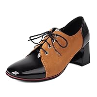 SHEMEE Women's Chunky Block Heels Oxfords Pumps Two Tone Retro Brogues Square Toe Patchwork Lace Up Saddles Shoes