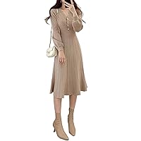 Vintage Korean Pleated Dress Long Sleeve Slim Woman Dresses Knitted Midi Woman Dress Autumn