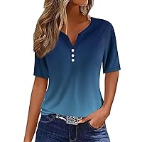 Pub Short Sleeve Summer Tees Female Fashion Tunic Polyester Comfort Tops for Women Gradient Button Down Slimming Blue L