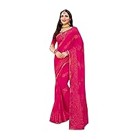 Hot Pink Festival Party wear Woman Designer Chiffon Saree Blouse Foil work Stylish Lace Border Ethnic Sari 2424