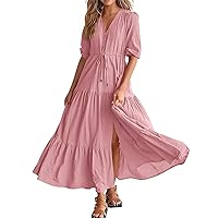 Cocktail Dresses for Women, Women's Casual Solid Summer Ruffled Split Flowy Dress V-Neck Short Sleeve Long Dresses
