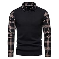 Men Collar Plaid Fake 2 Piece Sweater Fashion Fake Long Sleeve Shirt Sweater Knit Contrast Color Striped Shirt