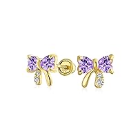 Tiny Minimalist Delicate AAA CZ Ribbon Bow Stud Earrings For Women 14K Real Gold Screw back Simulated Gemstone Birthstone Colors