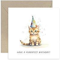 Old English Co. Kitten Party Hat Funny Birthday Card for Him or Her - 'Purrrfect Birthday' - Witty Animal Pun Card for Friends - Cute Design for Kids and Adults - Birthday Card | Blank Inside Envelope