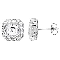 Sterling Silver Cubic Zirconia Micro Pave Octagon Stud Earrings 7/16 inch