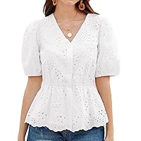GRACE KARIN Women Blouses Button Up Puffed Short Sleeve Elastic Waist Shirt Double Layer Tops with Cotton Lining