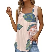 Women Tank Tops Summer 2023 Tunic Top Sleeveless Square Neck Pleated Print Shirt Lady Loose Flowy Basic Tee Blouses
