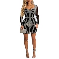 Zoctuo Women's Sexy Elegant Rhinestone Bodycon Dress Party Club Night Outfit Hot Drilling Clubwear