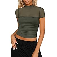 REORIA Women’s Sexy Sheer Mesh Ruched Mock Turtleneck Short Sleeve Going Out Shirts Crop Tops