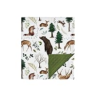 Woodland Animal Minky Baby Blanket with Dotted Backing Boy Girl Gift, Green Forest Bear Fox Deer Double Layer Nursery Bed Blankets, Soft Plush Newborn Infant Toddler Kid Crib Bedding 30 x 40