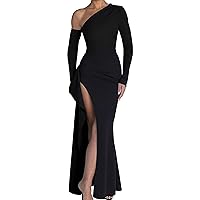 Memoriesea Women's One Shoulder Long Sleeve Sexy High Slit Wedding Guest Party Maxi Dress