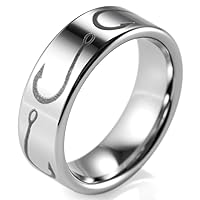 Men's 8mm Polished Tungsten Ring with Engraved Fishhooks