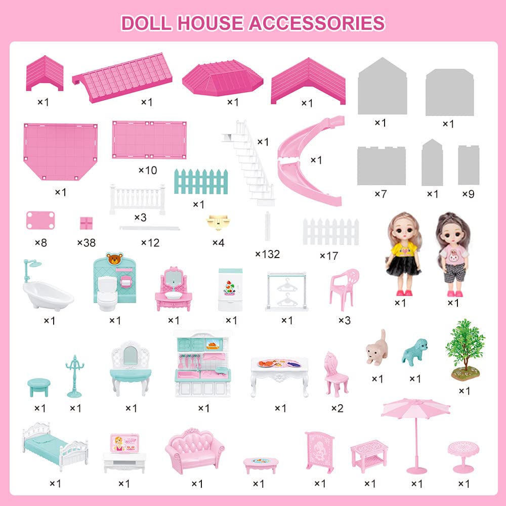 Doll House Kit,Dollhouse with Lights, Slide, Pets and Dolls, DIY Pretend Play Building Playset Toys with Asseccories and Furniture, Princess House for Toddlers, Kids Boy & Girl (11 Rooms)