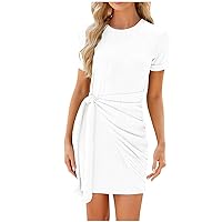 Women's 2024 Summer T Shirt Dress Casual Short Sleeve Bodycon Ruched Mini Dress Elegant Tie Waist Club Party Dresses
