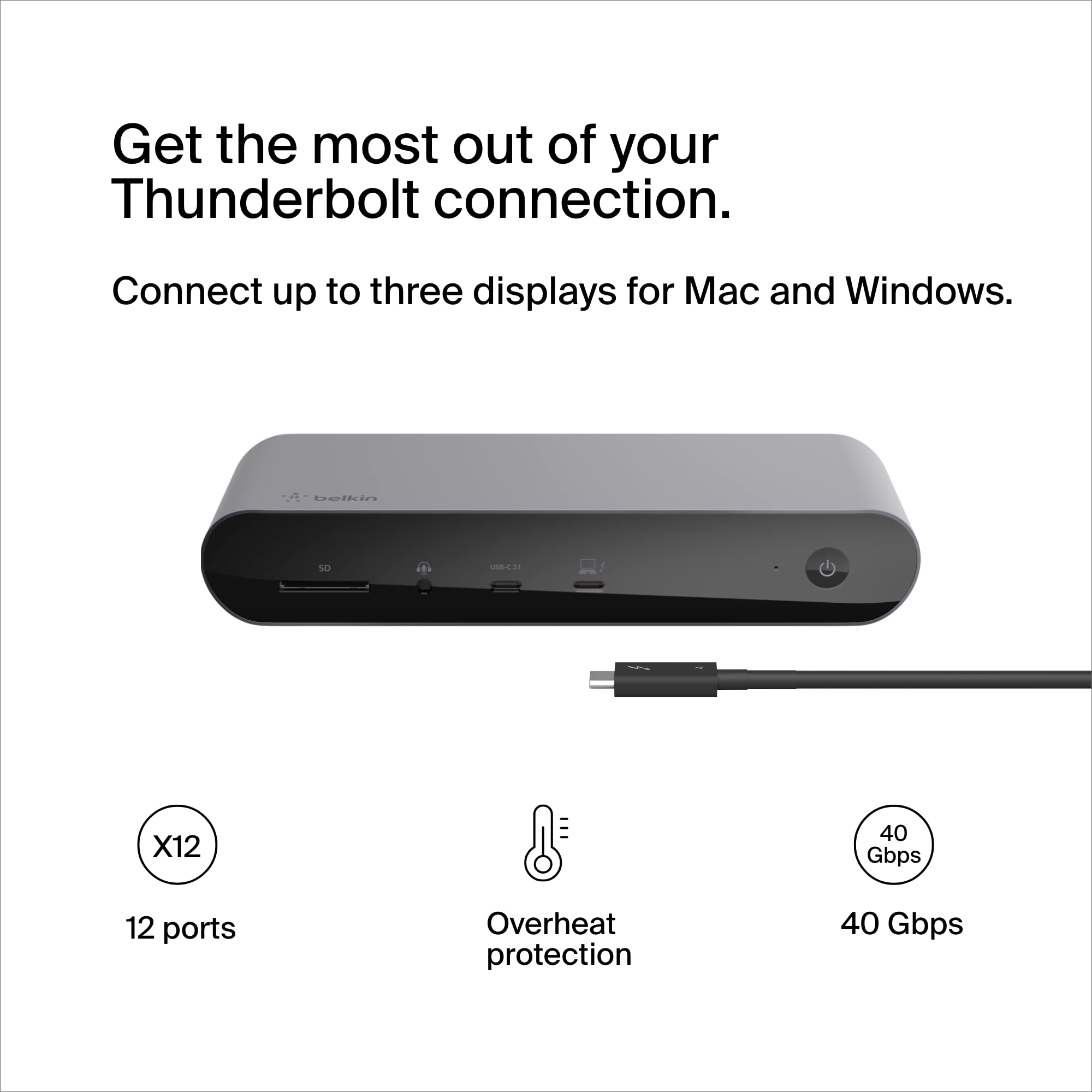 Belkin Thunderbolt 4 Docking Station, USB-C Hub Docking Station for MacBook & Window w/ 90W Power Delivery, Single 8K or Dual 4K Display, Thunderbolt 4 Cable Included, HDMI, Ethernet, SD & Audio Ports