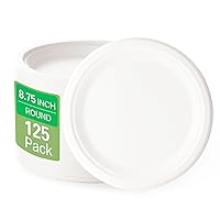 100% Compostable 8.75 Inch Plates, Heavy-Duty Plate, Eco-Friendly Disposable White Bagasse Plate, Made of Sugarcane Fibers Biodegradable, Everyday Household Use Plates, 125 Count