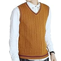 Men's Cable Knit Sweater Vest V-Neck Sweaters Slim Fit Knit Vests Cotton Twist Knitted Sleeveless Uniform Pullover (Yellow,Large)