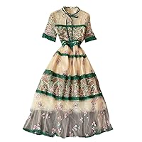 Women Long Lantern Sleeve Tulle Mesh Dress Floral Embroidery Stitching High Waist Bow Deco Party Dress