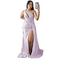 Plus Size Sequin Applique Prom Dresses One Shoulder Mermaid High Slit Long Evening Gowns for Women 2024 Lavender
