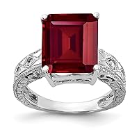 Solid 14k White Gold 12x10mm Emerald Cut Created Ruby VS Diamond Ring Band (.068 cttw.)