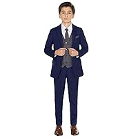 UMISS Boys' 3 Pieces Suit Formal Notch Lapel Jacket Pants Plaid Vest Set