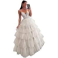 Women's Tiered Tulle Prom Dresses Long Lace Appliques Ball Gowns Glitter Formal Evening Party Gowns with Slit