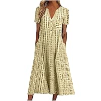 Midi Dresses for Women Wedding Guest,Trendy Plus Size Button Up Short Sleeve Summer Sexy V Neck Cold Shoulder Dress