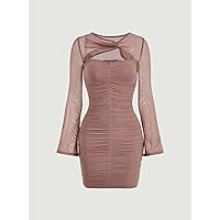 Women's Dress Contrast Mesh Cut Out Ruched Bodycon Dress (Color : Dusty Pink, Size : X-Small)
