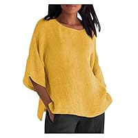 Women Summer Cotton Linen Tshirt Tops Trendy Solid Loose Fit Blouse Lady 3/4 Sleeve Vintage Crewneck Plus Size Clothes