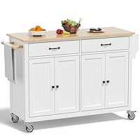 Large Kitchen Island On Wheels with Storage 54in Width Mobile Moveable Portable Rolling White Wood Island for Kitchen Dining Room with Drawers Cabinet Spice Rack Towel Rack