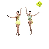 Rhythmic Artistic Gymnastics Leotards for Performance or Competitions, Bundle with Scrunchie/Italian Fabric, Made in Europe Style: B2 / Yellow/Size: 3