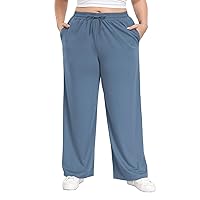 Women's Plus Size Casual Pants Elastic Waist Wide Leg Loose Fit Pajama Drawstring Home Pants with Pockets
