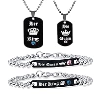 Uloveido His Queen and Her King Black Titanium Necklaces & Bracelet Matching Couple Jewelry Sets for Men and Women with Cubic Zirconia ST118