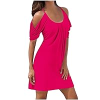 Early Lightning Deals of Today Prime Summer Dresses for Women 2024 Cold Shoulder Short Sleeve A-Line Casual T-Shirt Dress Plus Size Swing Cute Mini Dress